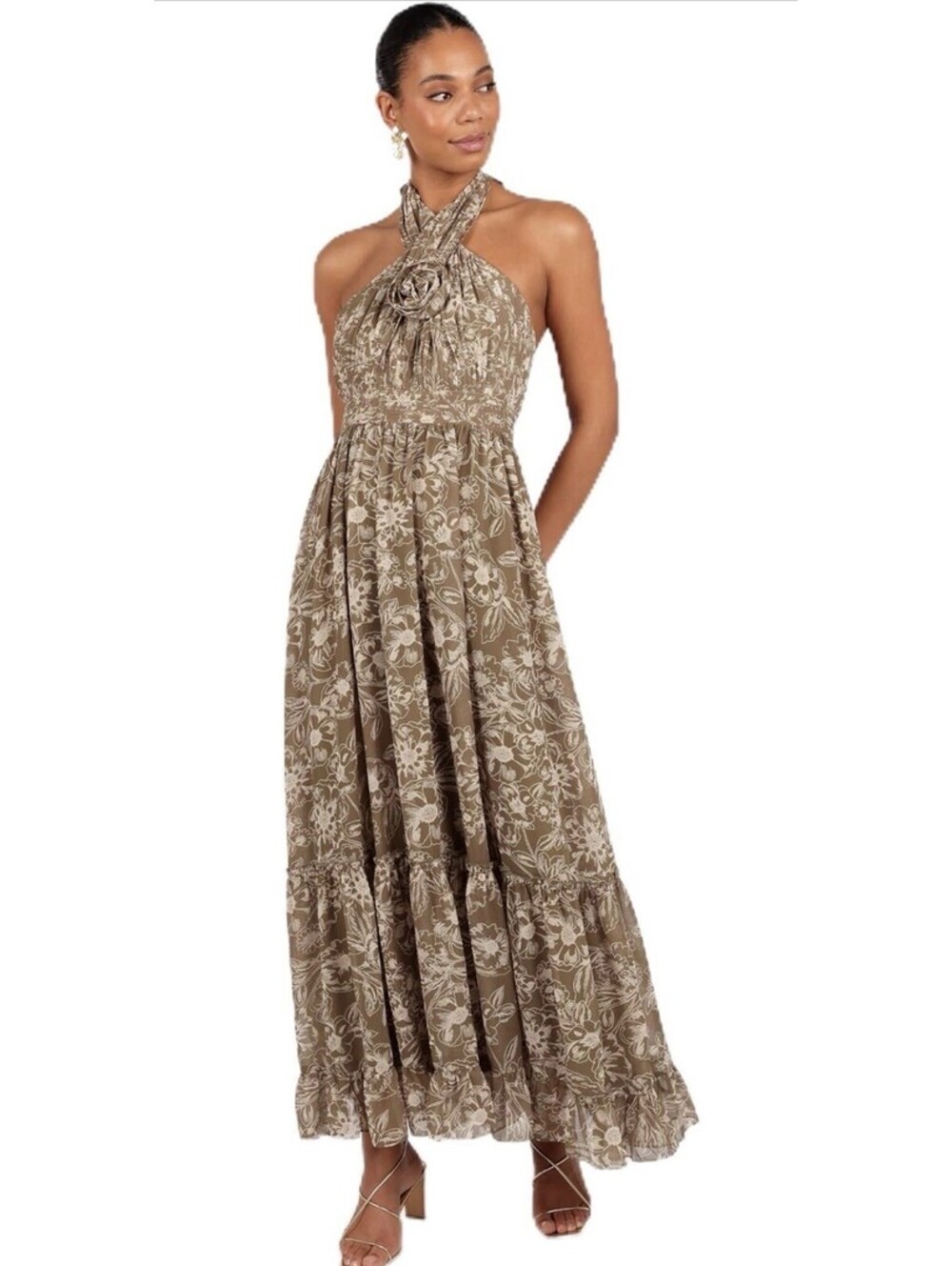 Petal & Pup Lennon Halterneck Maxi Dress Size L Olive Floral NWT
